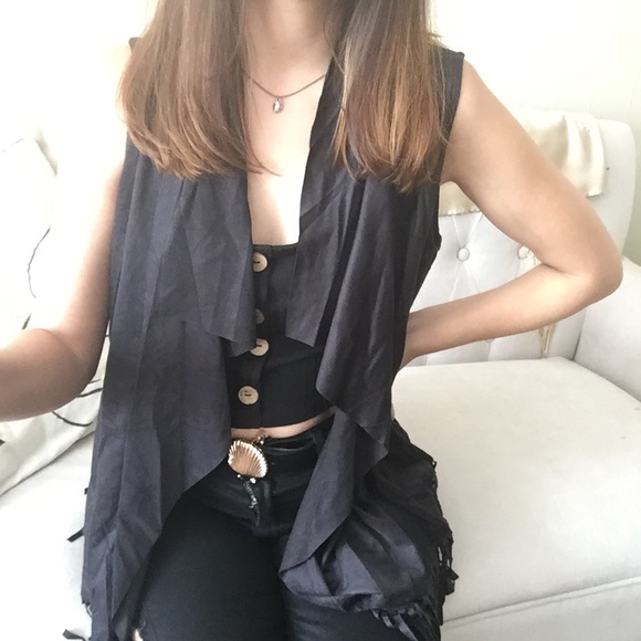 Countess Faux Suede Waterfall Collar Open Front Fringe Vest - Picture 6 of 7